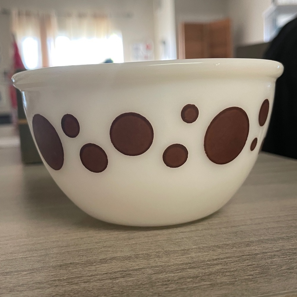 Vintage Hazel-Atlas brown polka dot milk glass mixing bowl.